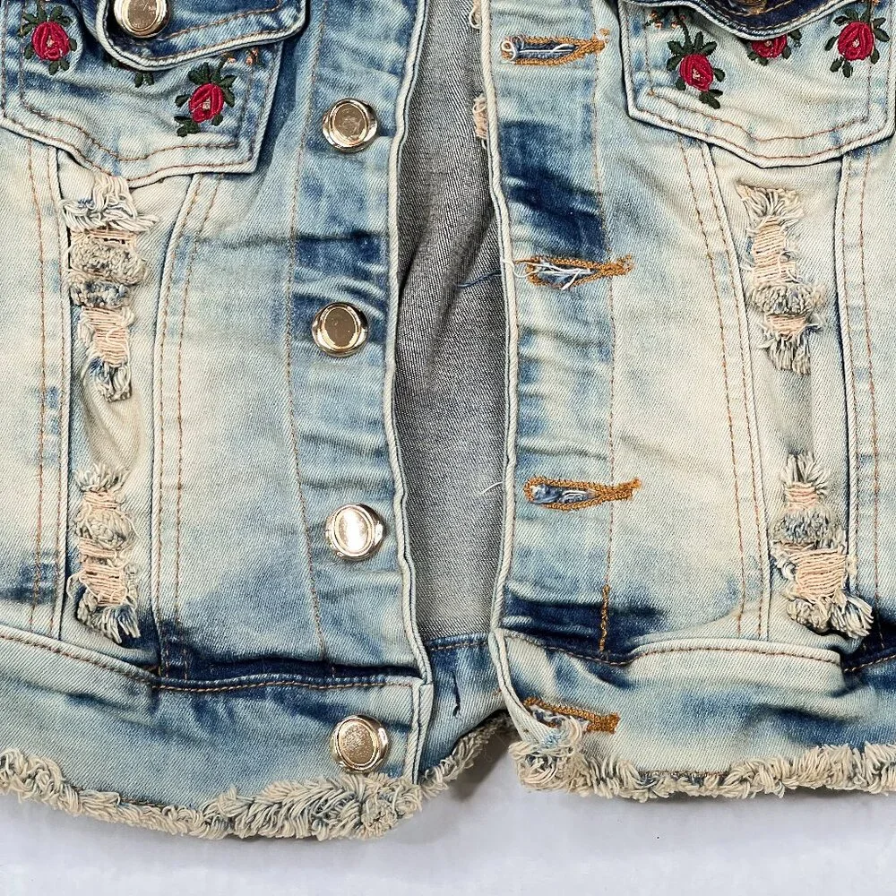 '90s Vintage Acid-Wash‎ Rose Embroidered Destroyed Goth Grunge Denim Vest Size 6